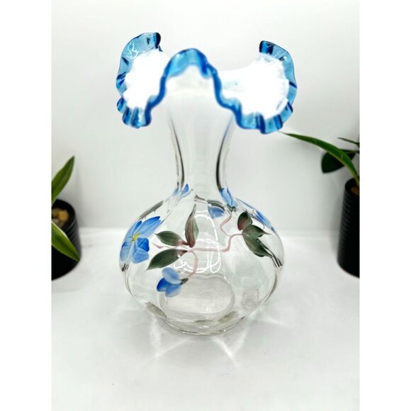 Fenton Blue Floral • Opalescent Rib Base Ruffled Aqua Crest Vase Signed - Picture 3 of 9